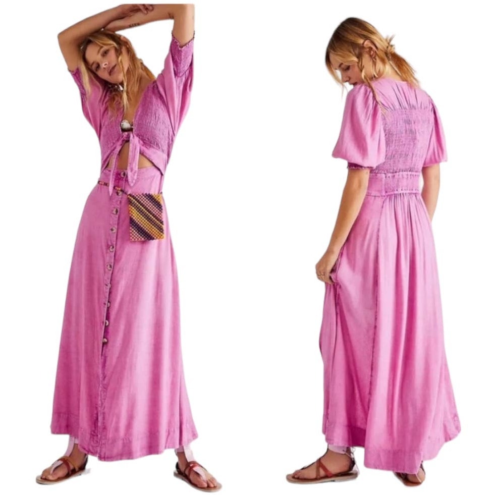 Free People Nwt String Of Hearts Maxi Dress Size Xs Pink Tie Front Smocked